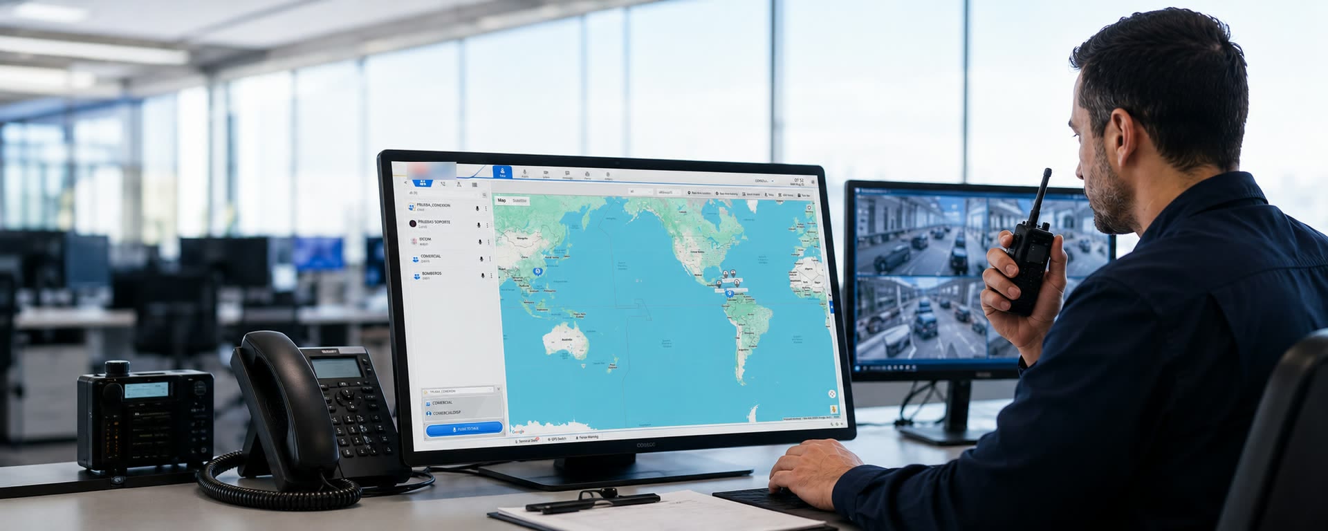 Operador de despacho coordinando equipos por push-to-talk desde una consola con mapa